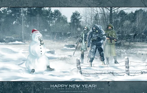 Картинка лес, снег, оружие, новый год, снеговик, Stalker, сталкер, зона