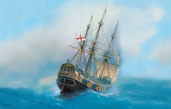 Картинка море, волны, небо, ветер, корабль, масло, арт, акварель, флот, средневековье, painting, галеон, ход, Англии, полный, …
