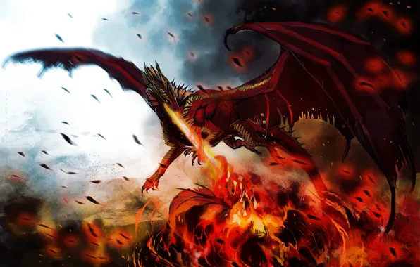 Картинка огонь, пламя, дракон, крылья, монстр, арт, dragon, hellfyre