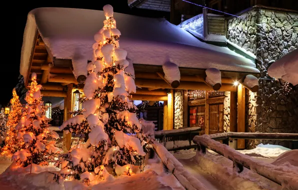 Картинка зима, снег, ночь, природа, город, дом, фото, ель, Финляндия, Lapland