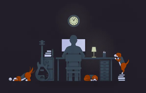 Картинка компьютер, собаки, одиночество, черный, часы, лампа, гитара, парень, Black, computer, Guitar, иллюстрация, Dogs, Solitude, Illustration, …