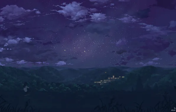 Картинка небо, девушка, звезды, облака, деревья, ночь, природа, город, огни, дома, аниме, арт, форма, школьница, yuuko-san