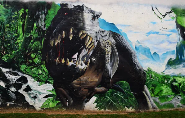 Картинка стена, граффити, динозавр, пасть, Graffiti, рык, T-Rex
