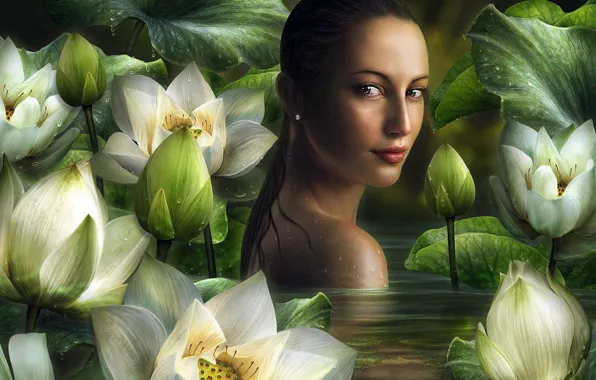Картинка девушка, пруд, лилии, купание