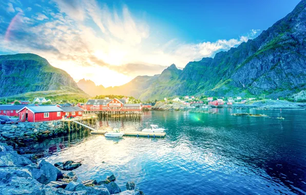 Картинка солнце, горы, озеро, камни, рассвет, берег, дома, лодки, причал, Норвегия, ущелье, городок, Lofoten