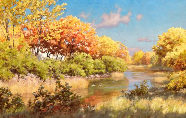 Картинка осень, небо, вода, облака, деревья, пейзаж, река, утки, картина, деревня, берега, Johan Krouthen