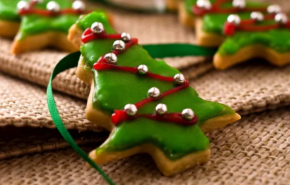Картинка праздник, еда, печенье, Рождество, Новый год, Happy New Year, Merry Christmas, holiday, ribbon, cookie, biscuits