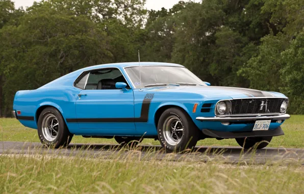 Картинка дорога, синий, Mustang, Ford, Форд, Мустанг, Boss 302, 1970, передок, Muscle car, Босс, Мускул кар