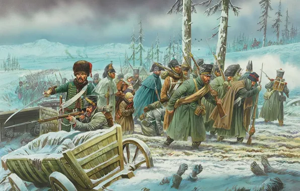 Картинка зима, рисунок, Россия, отступление, войск, французких, Отечественная война 1812 года