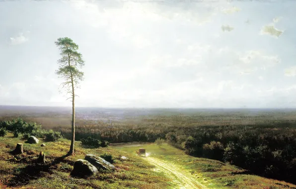 Картинка дорога, пейзаж, камни, дерево, лошадь, жара, картина, повозка, Клодт, &quot;лесная даль в полдень&quot;, 1878