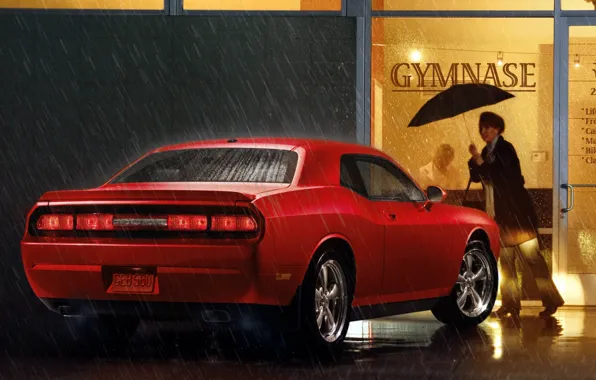 Картинка красный, дождь, женщина, зонт, мускул кар, додж, dodge, challenger, магазин, Muscle car, челенжер, r t