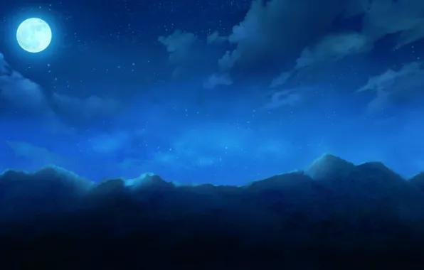 Картинка небо, облака, горы, ночь, природа, луна, аниме, арт, cura, monobeno