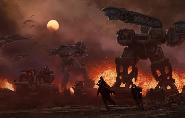 Картинка солнце, взрыв, война, корабли, техника, роботы, солдаты, будущего, steve burg, шагатели