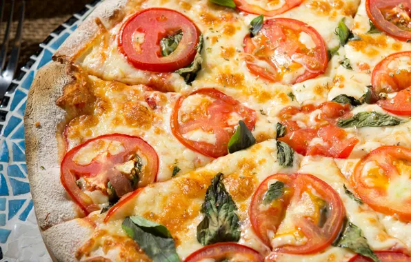 Картинка макро, сыр, пицца, помидоры, базилик