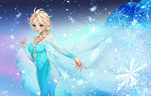 Картинка Девушка, Платье, Снежинки, Frozen, Disney, Elsa