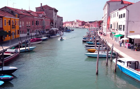 Картинка небо, дома, лодки, Италия, Венеция, канал, тротуар, остров Мурано
