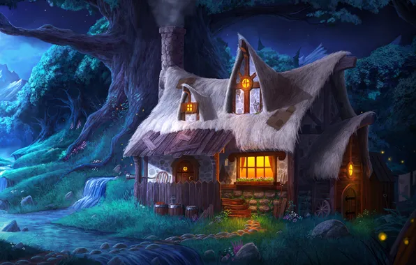 Картинка лес, ночь, огни, дом, ручей, дерево, домик, Trine 2