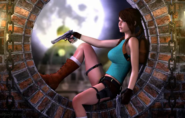 Картинка девушка, лицо, оружие, пистолеты, майка, цепи, сидит, лара крофт, Lara Croft, Tomb raider