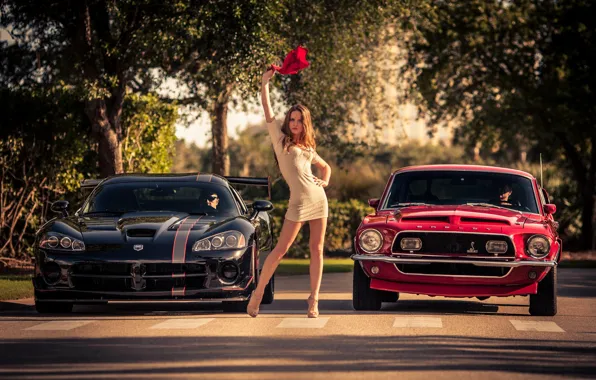 Картинка девушка, Mustang, Ford, Модель, флаг, Dodge, red, мускул кар, black, Viper, muscle car, front, start, …