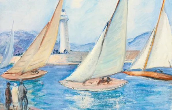 Картинка море, пейзаж, маяк, картина, яхты, парус, Старт регаты в Сен-Тропе, Анри Лебаск