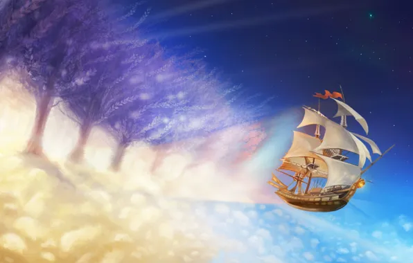 Картинка облака, свет, деревья, полет, рисунок, корабль, парусник