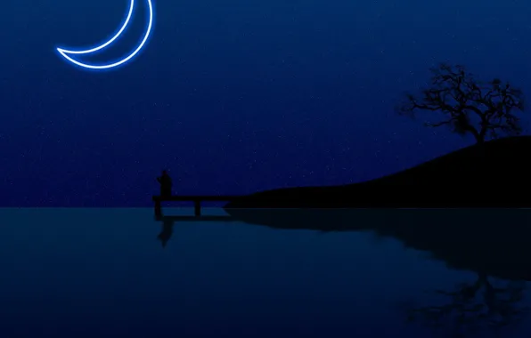 Картинка вода, ночь, луна, минимализм, вектор
