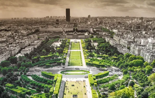 Картинка деревья, парк, Франция, Париж, здания, горизонт, skyline, trees, paris, france, park, buildings, панорамный вид на …