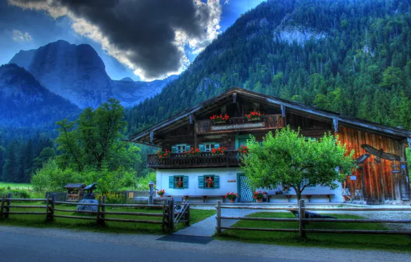 Картинка горы, город, дом, фото, забор, HDR, Германия, Бавария, особняк, Рамзау