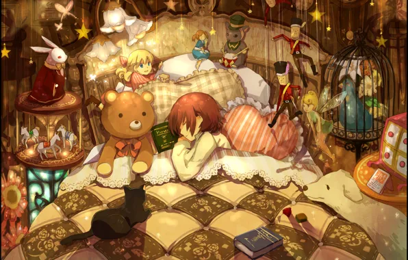 Картинка животные, игрушки, кровать, подушки, мальчик, девочка, книжки, много, спят