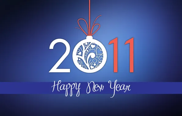 Картинка праздник, новый год, шар, цифры, лента, 2011, синий фон, дата, поздравление