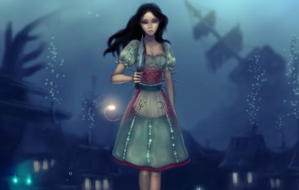 Картинка пузырьки, кровь, игра, платье, арт, Алиса, нож, под водой, Alice: Madness Returns