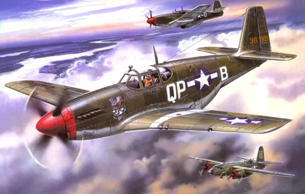 Картинка небо, рисунок, легкий, Mustang, арт, истребители, бомбардировщик, самолёт, американский, сопровождение, эскорт, WW2, американские, &quot; А-20, …