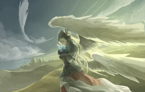 Картинка небо, девушка, облака, крылья, ангел, аниме, арт, avamone
