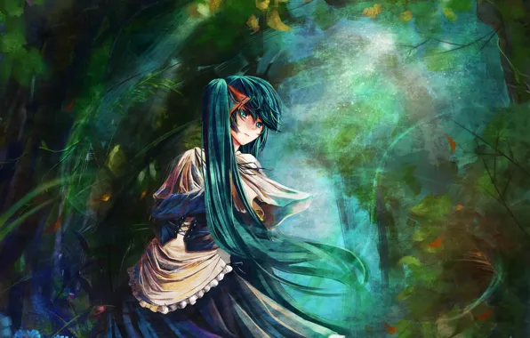 Картинка лес, аниме, Hatsune Miku, вокалоид, синие волосы