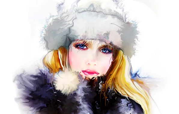 Картинка зима, девушка, лицо, женщина, girl, живопись, woman, beautiful, winter, lips, face, painting, person, губ