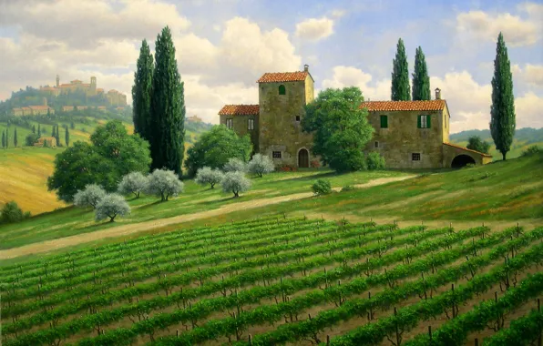 Картинка деревья, пейзаж, дом, холмы, поля, картина, Италия, виноградники, кипарисы, Mark Pettit