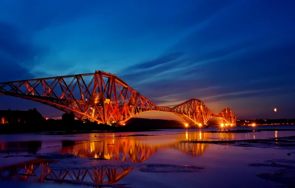 Картинка закат, мост, город, огни, отражение, вечер, шотландия