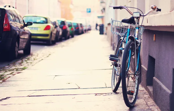 Картинка машины, велосипед, город, улица, стоянка, тротуар, street, tilt-shift, Alone bicycle