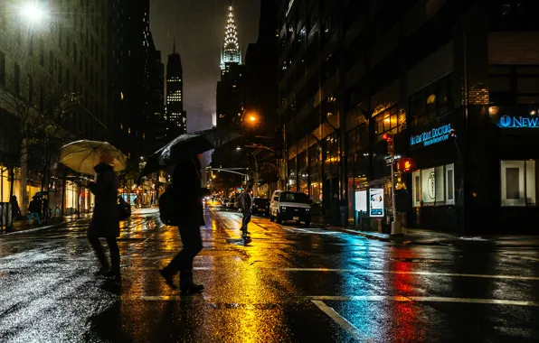 Картинка свет, ночь, город, люди, дождь, улица, Нью-Йорк, США