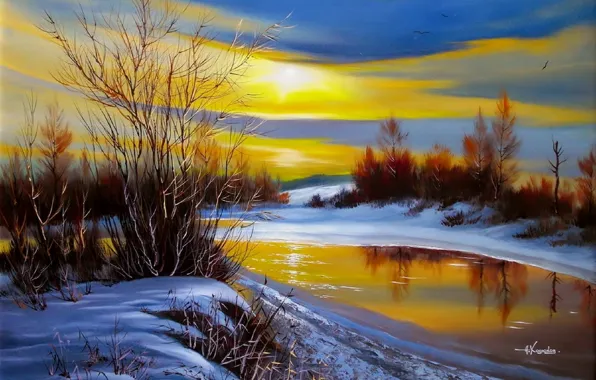 Картинка вода, солнце, снег, пейзаж, закат, птицы, природа, река, берег, лёд, живопись, кусты, Ходюков