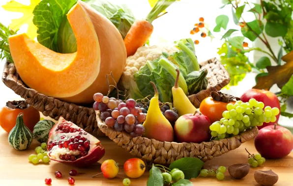 Картинка осень, яблоки, виноград, тыква, фрукты, овощи, груши, морковь, капуста, гранат, хурма
