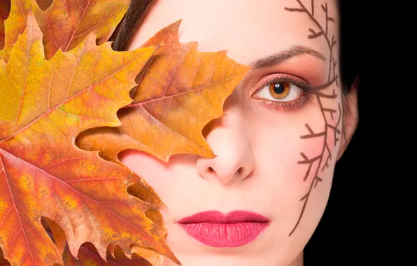 Картинка осень, взгляд, лист, портрет, макияж