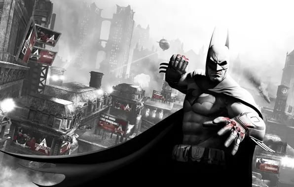 Картинка город, batman, кровь, бэтмен, дирижабль, кулак, готэм, arkham city