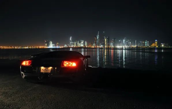 Картинка ночь, фары, Lamborghini, Ламборджини, Дубай, Dubai, Murcielago, ОАЭ, красивый вид, Supercar, огни города, Мурселаго, LP640-4, …