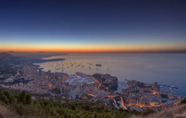 Картинка море, пейзаж, закат, природа, город, огни, дома, корабли, яхты, вечер, порт, Monaco, Монако, Monte Carlo, …