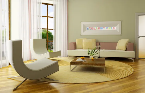 Картинка дизайн, стиль, диван, мебель, интерьер, растения, кресло, подушки, окно, форма, гостиная, комната. квартира