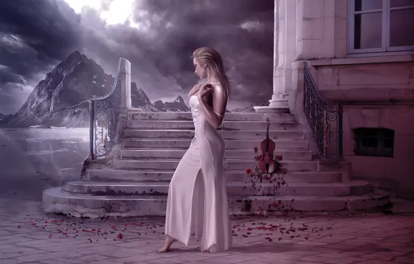 Картинка девушка, скрипка, здание, розы, лестница, лерестки