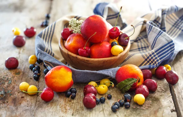 Картинка лето, ягоды, тарелка, фрукты, натюрморт, персики, смородина, черешня, нектарин, Julia Khusainova