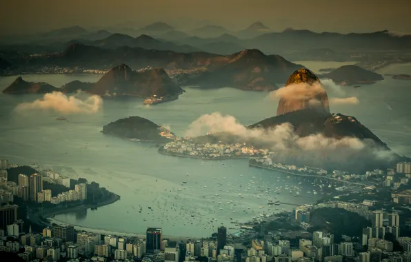 Картинка море, горы, побережье, панорама, Бразилия, мегаполис, Rio de Janeiro