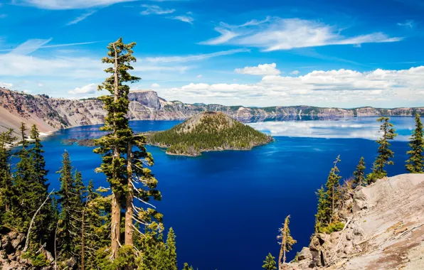 Картинка деревья, остров, Орегон, Oregon, Crater Lake, Crater Lake National Park, Озеро Крейтер